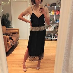 ZARA Satin Lace Trim Black Midi Skirt